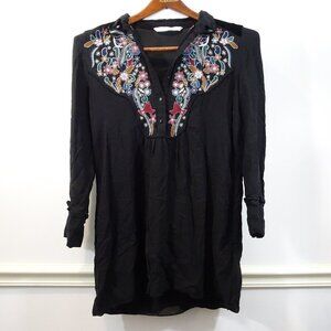 Zara Black Embroidered Tunic Top Dress S Velvet Back Boho Romantic Metallic